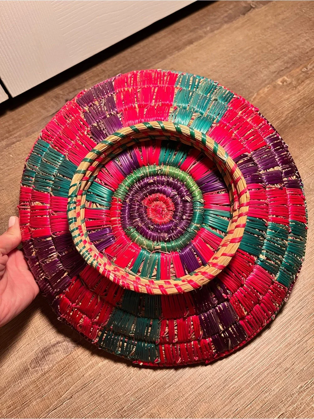 Woven raffia basket geometric pattern pink teal purple Ethiopian style 12”
